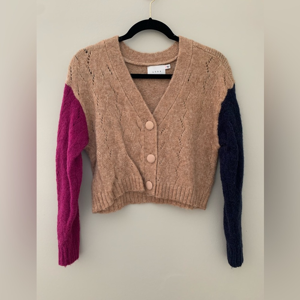 Lush Tan, Pink, and Navy V-Neck Cardigan